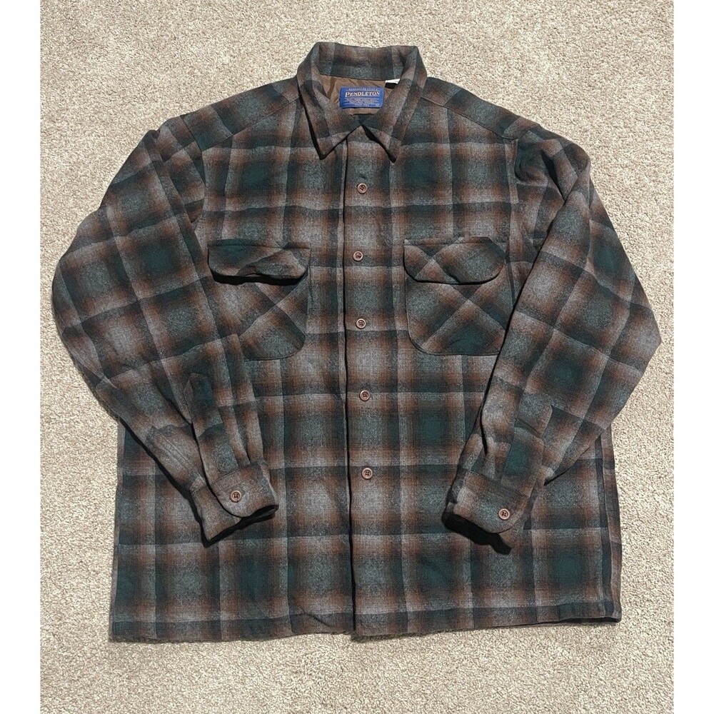VTG Pendleton Board Shirt L Plaid Virgin Wool Loop Collar Brown Forest Green
